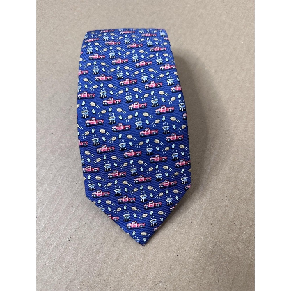 Vineyard Vines Tie Mens One Size Blue Football Tailgate BBQ Silk Made In USA